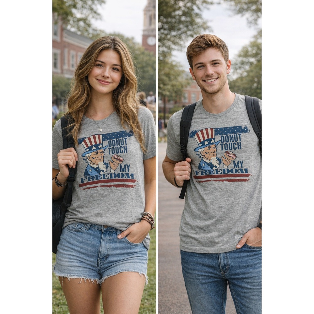 Donut Touch My Freedom‎ T-Shirt Mens Medium Gray Excellent Patriotic Graphic NWT